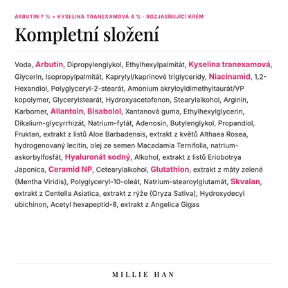 Rozjasňující krém Millie Han – Arbutin 7 % + TXA 4 %
