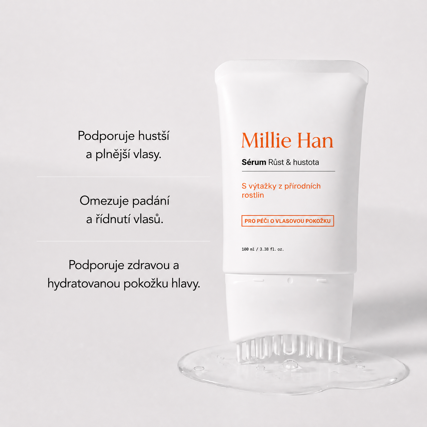 Vlasové sérum Millie Han – Růst a hustota, tuba s integrovaným kartáčkem